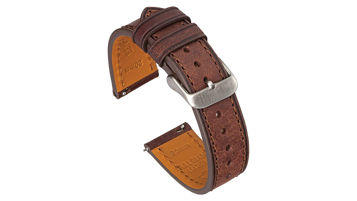 三星Galaxy Watch 4的基准基础皮革带的产品图像，深棕色