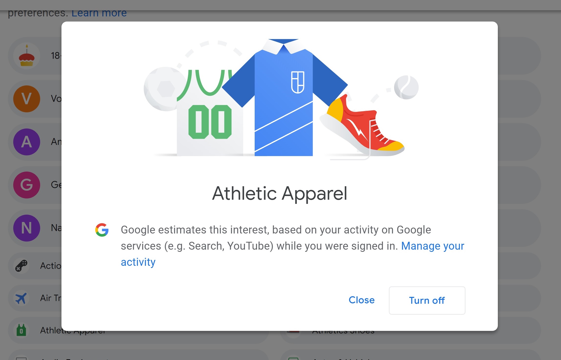 用于运动服装的Google Ad设置框显示一些衣服和广告信息。