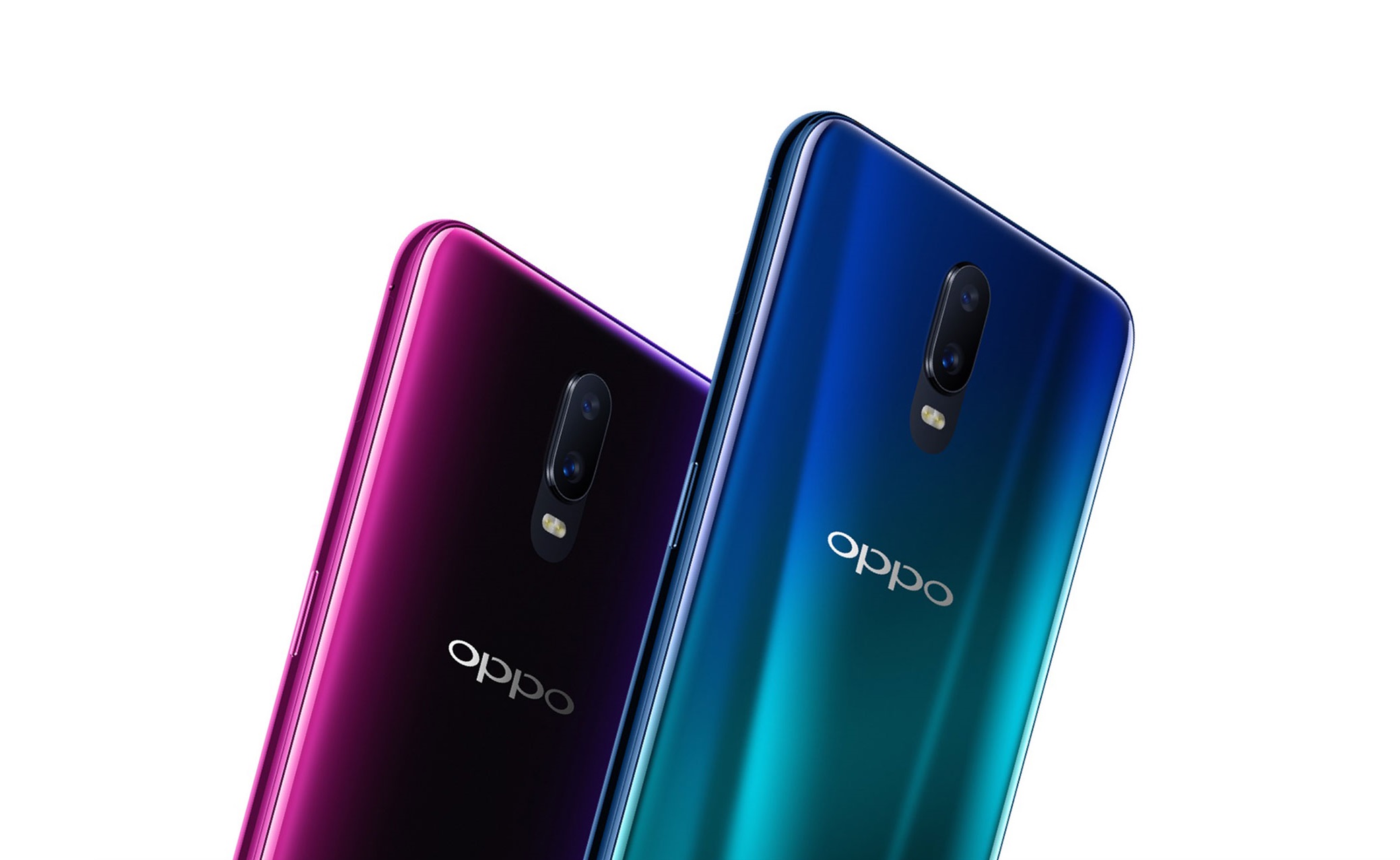Oppo R17旗舰手机，粉红色和蓝色。