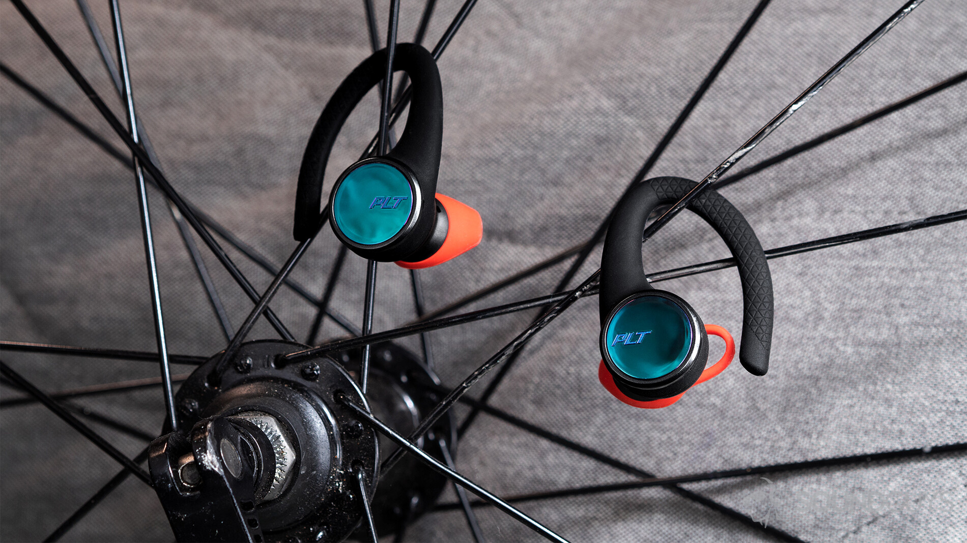 Plantronics Backbeat Fit 3100自行车辐条上的真实无线耳塞。