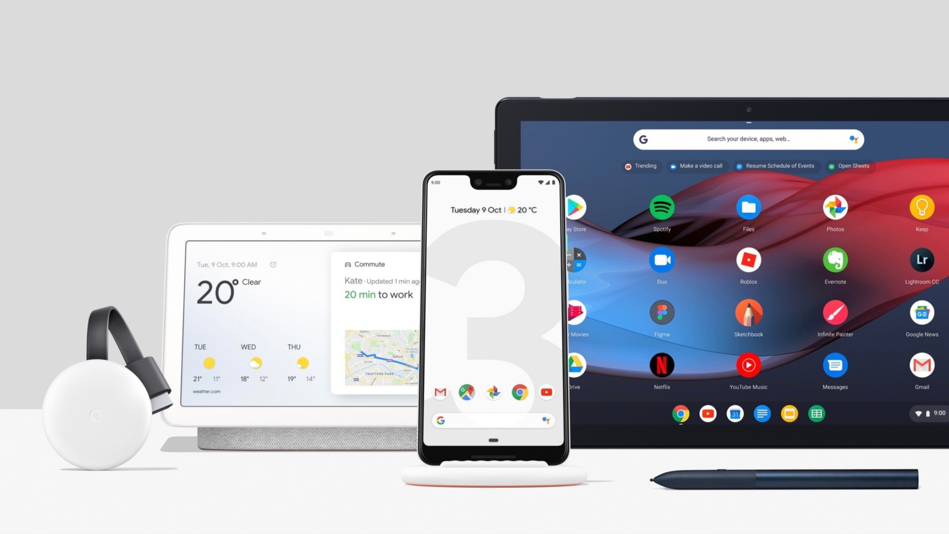 Google像素3，家庭枢纽，像素板岩，Chromecast，Pixel Stand