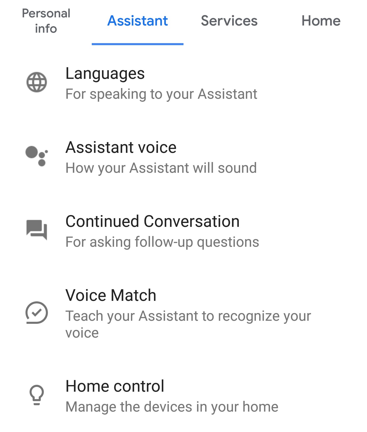Google Assistant菜单显示一般选项。