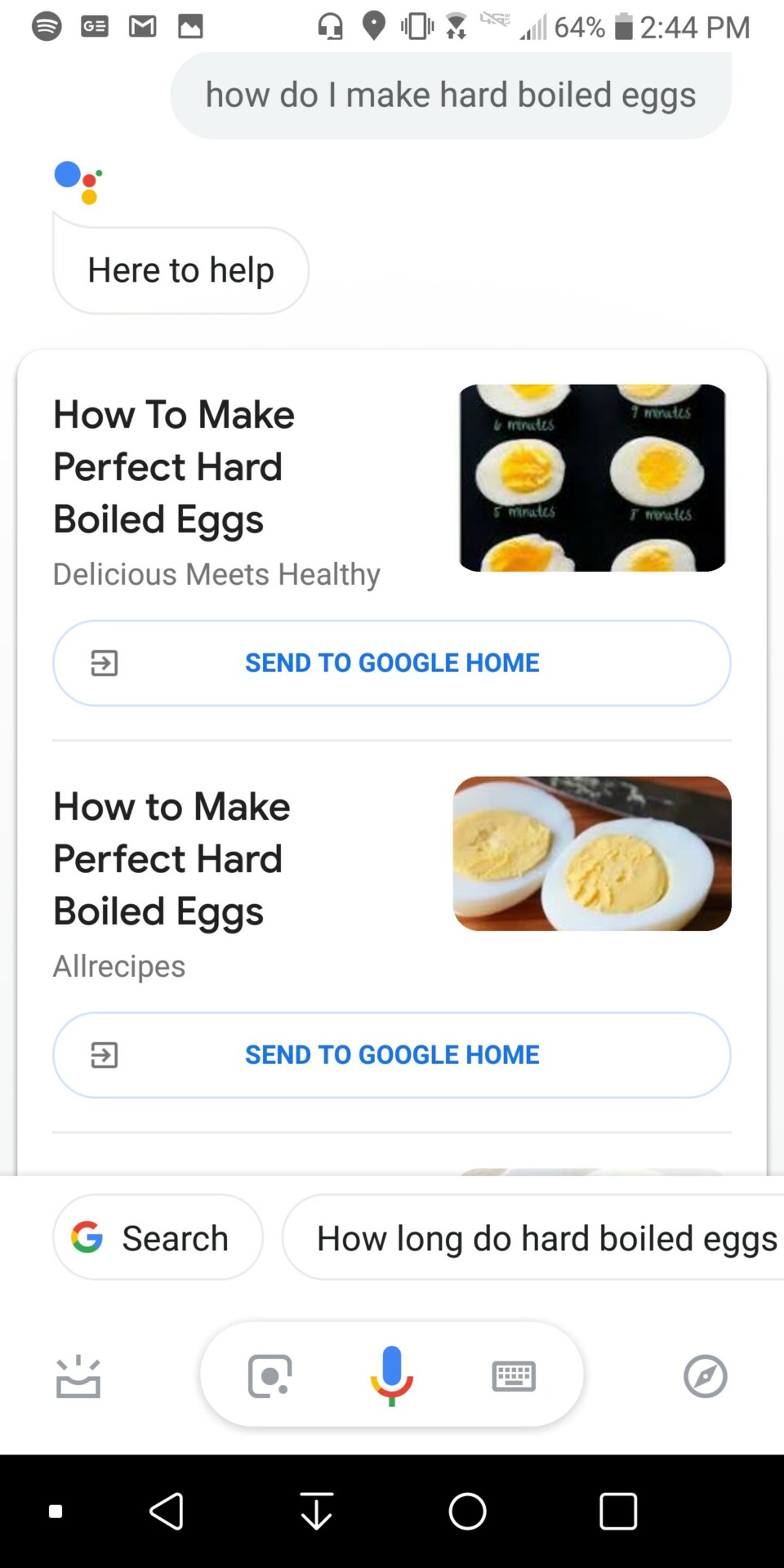 Google Assistant拉起煮熟的鸡蛋食谱。