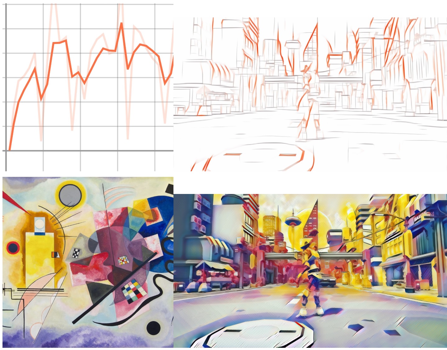 Google Stadia样式转移ML工具在两个配色方案的城市中以机器人的形式显示出来。