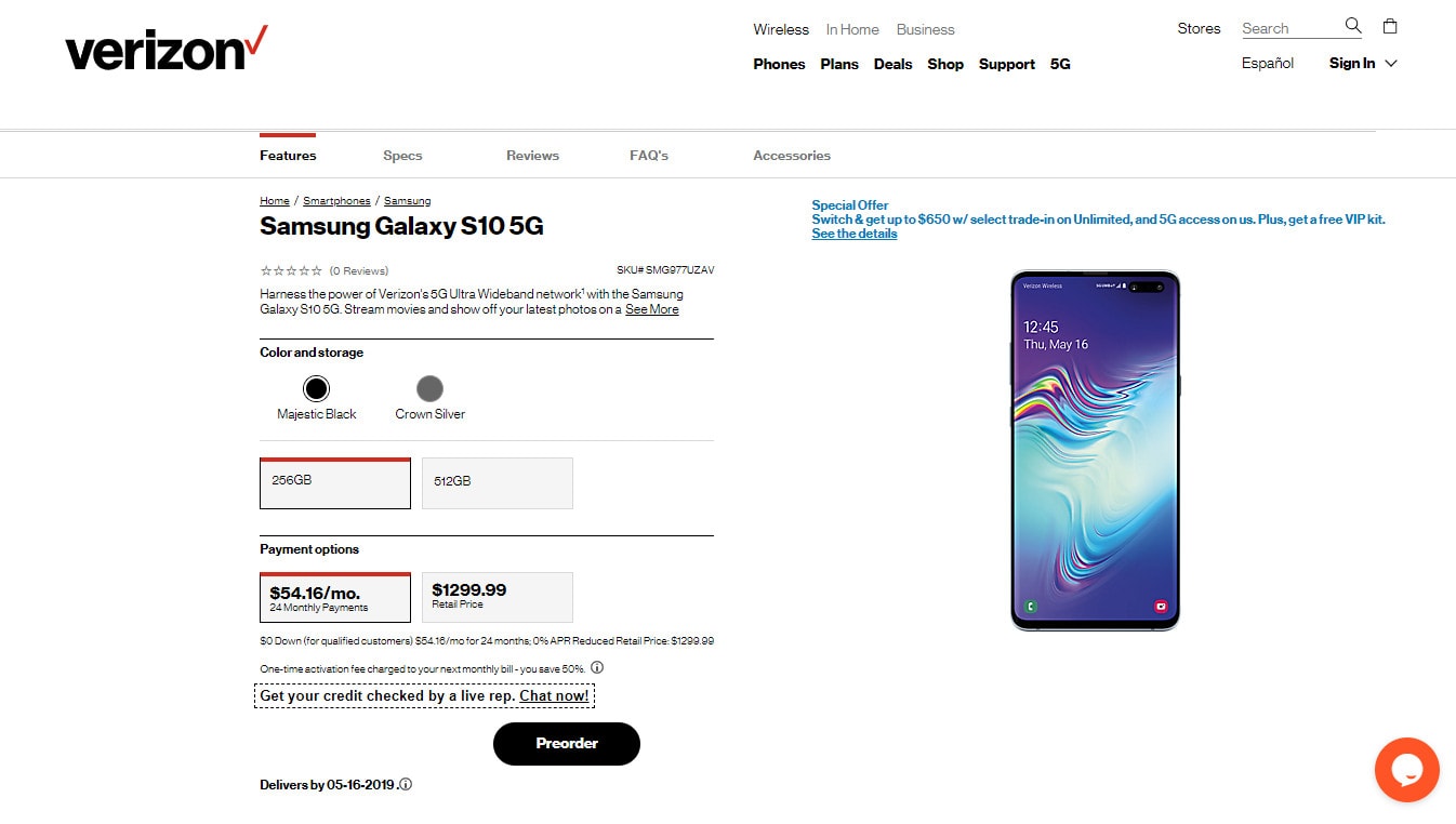 Verizon上的三星Galaxy S10 5G预订页。