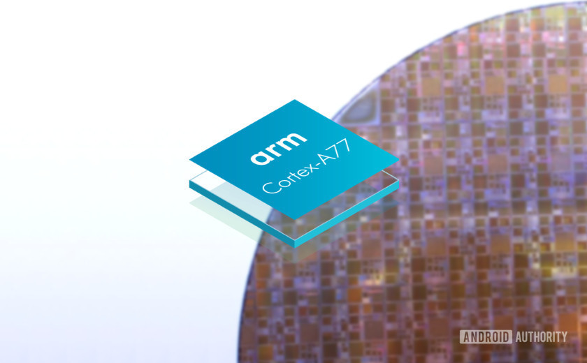 硅晶圆背景上的ARM Cortex-A77标志