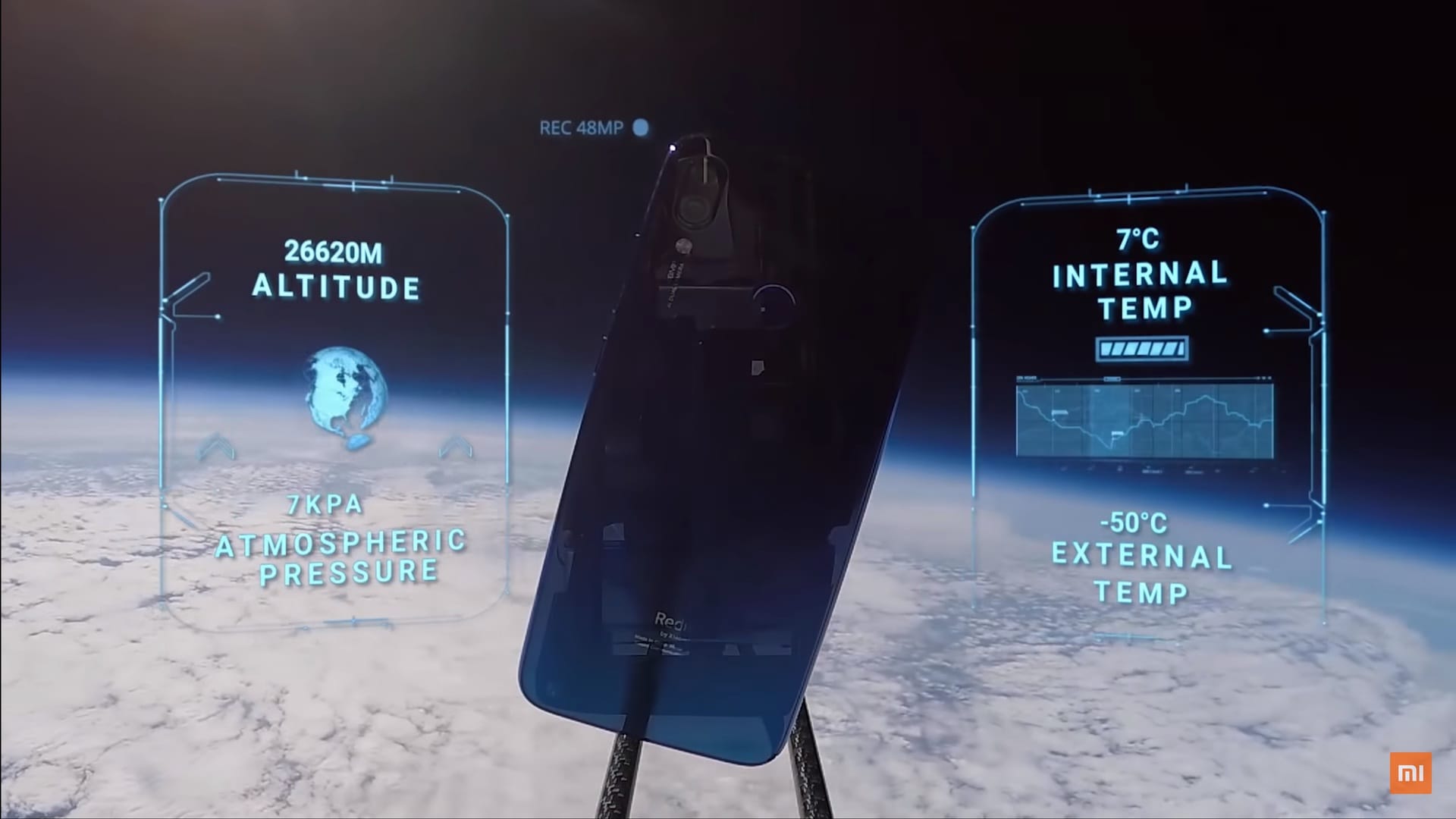 小米redmi Note 7视频的屏幕截图显示了外太空的设备。