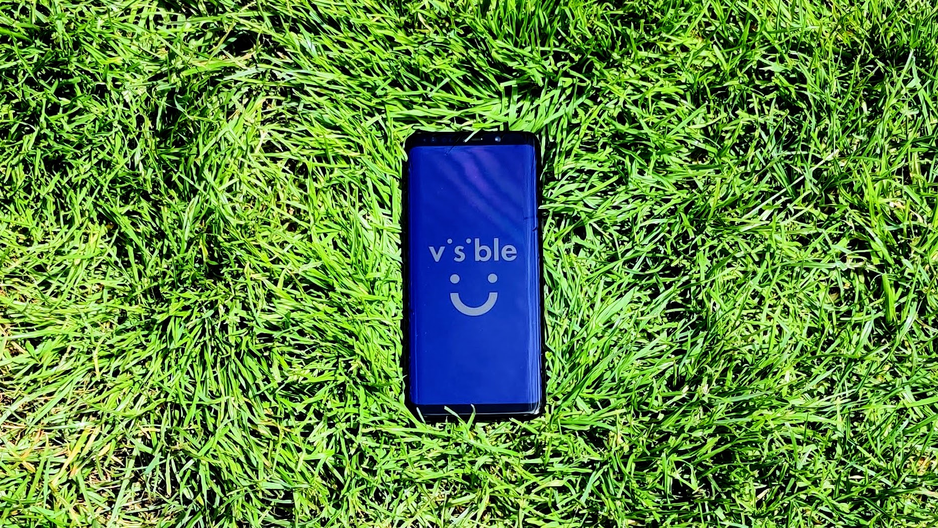 三星Galaxy S9在某些草地上，显示屏上有可见的徽标。