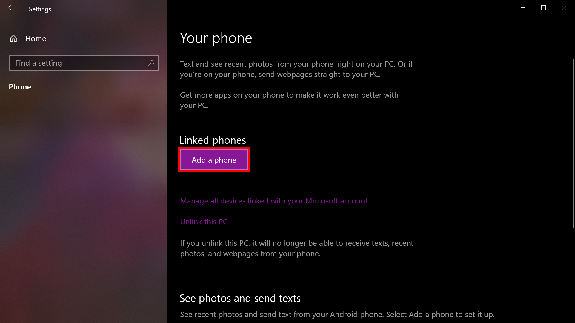 Windows 10添加手机进行短信消息