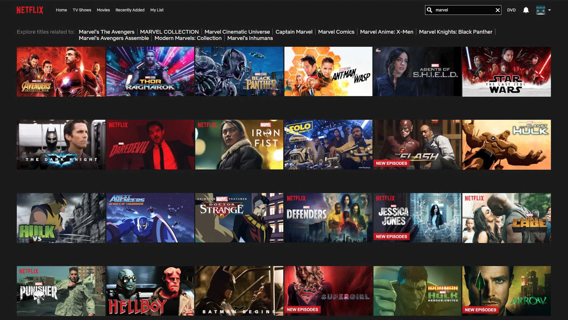Marvel Netflix搜索结果