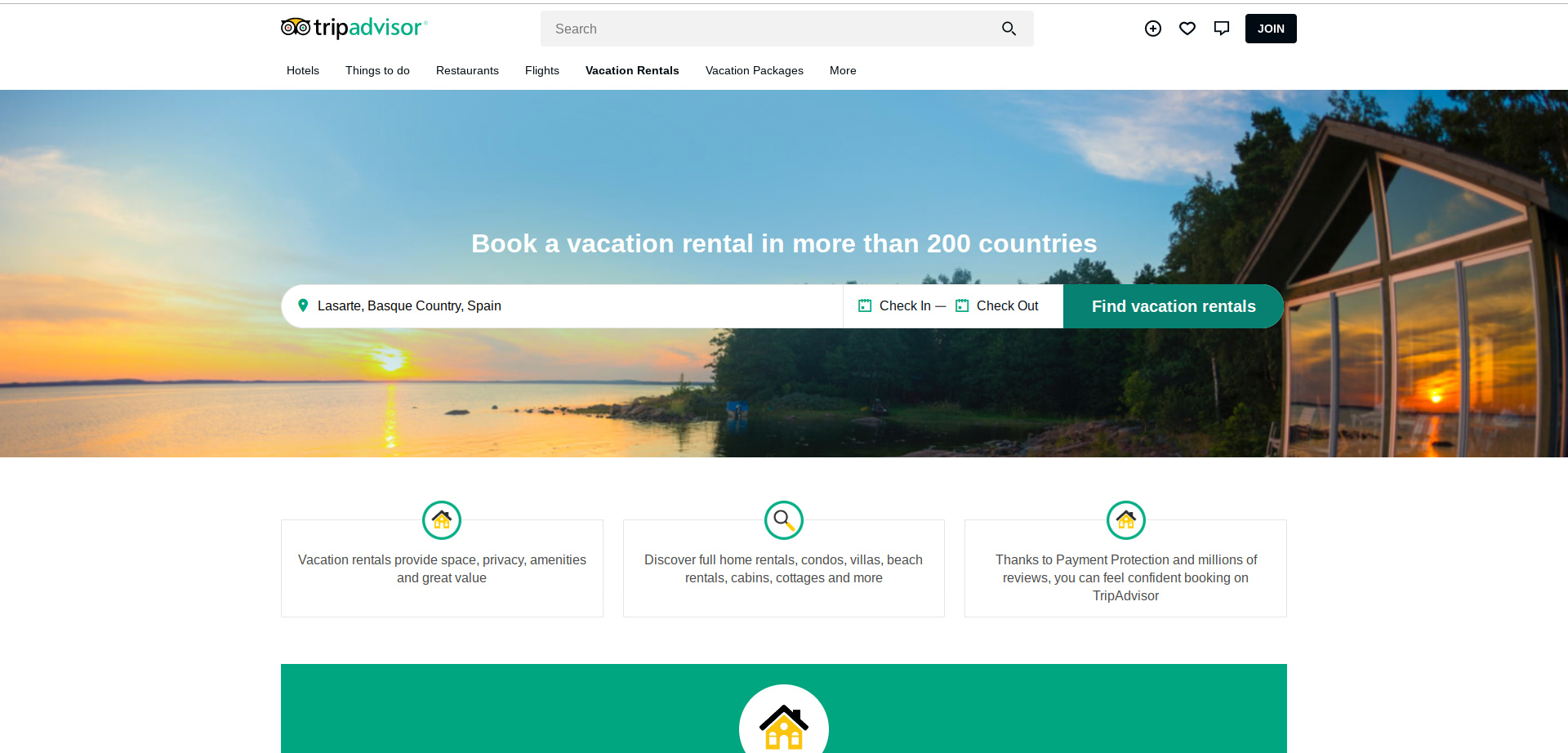 TripAdvisor Rentals主页的屏幕截图 -  Airbnb竞争对手