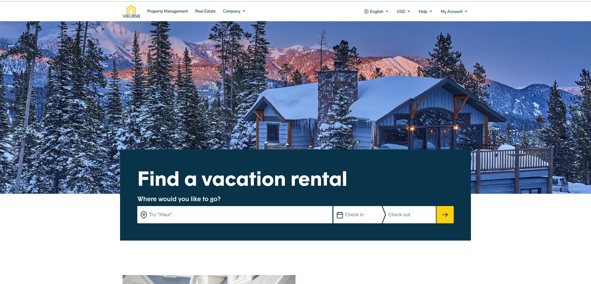 Vacasa主页的屏幕截图 -  Airbnb竞争对手
