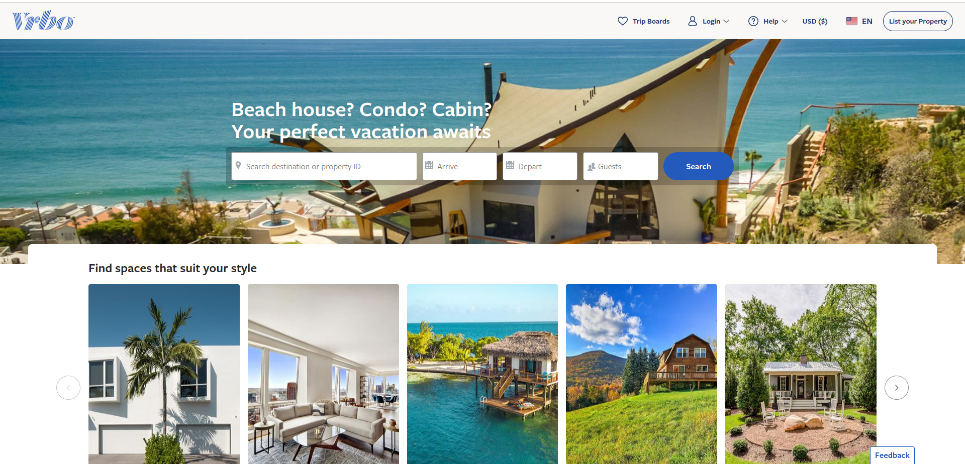 VRBO主页的屏幕截图 -  Airbnb竞争对手