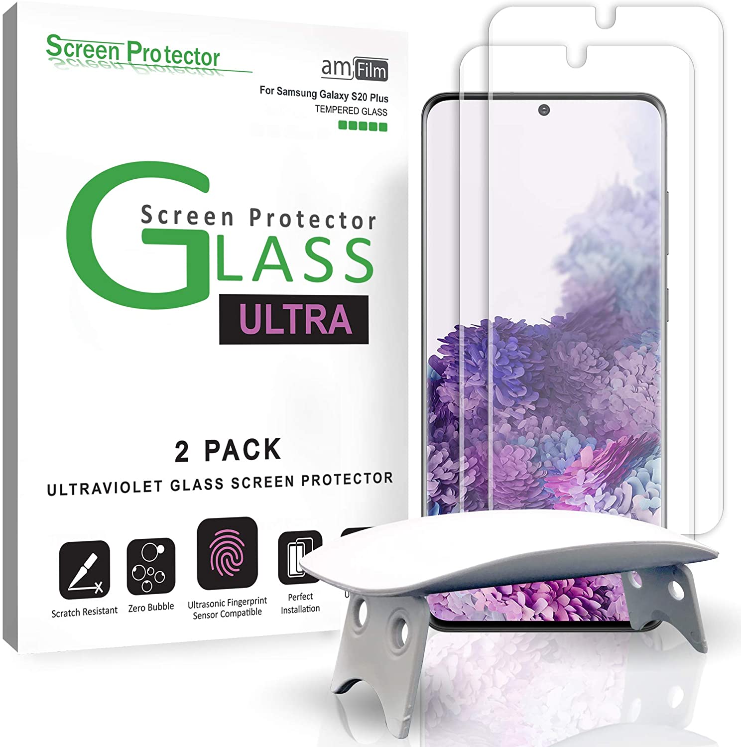 Galaxy S20 Plus的Amfilm钢化玻璃保护器