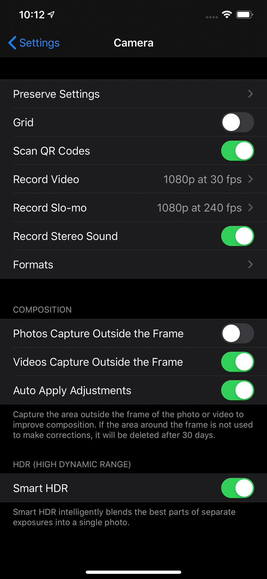 Apple iPhone 11 Pro Max Camera应用程序设置