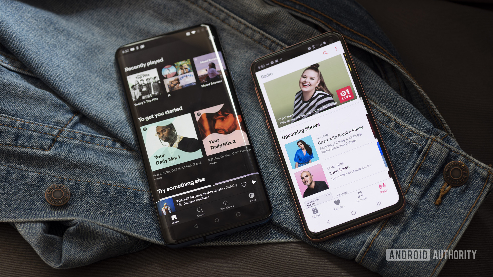 Apple Music vs Spotify在OnePlus 7 Pro和Samsung Galaxy S10E上的照片。