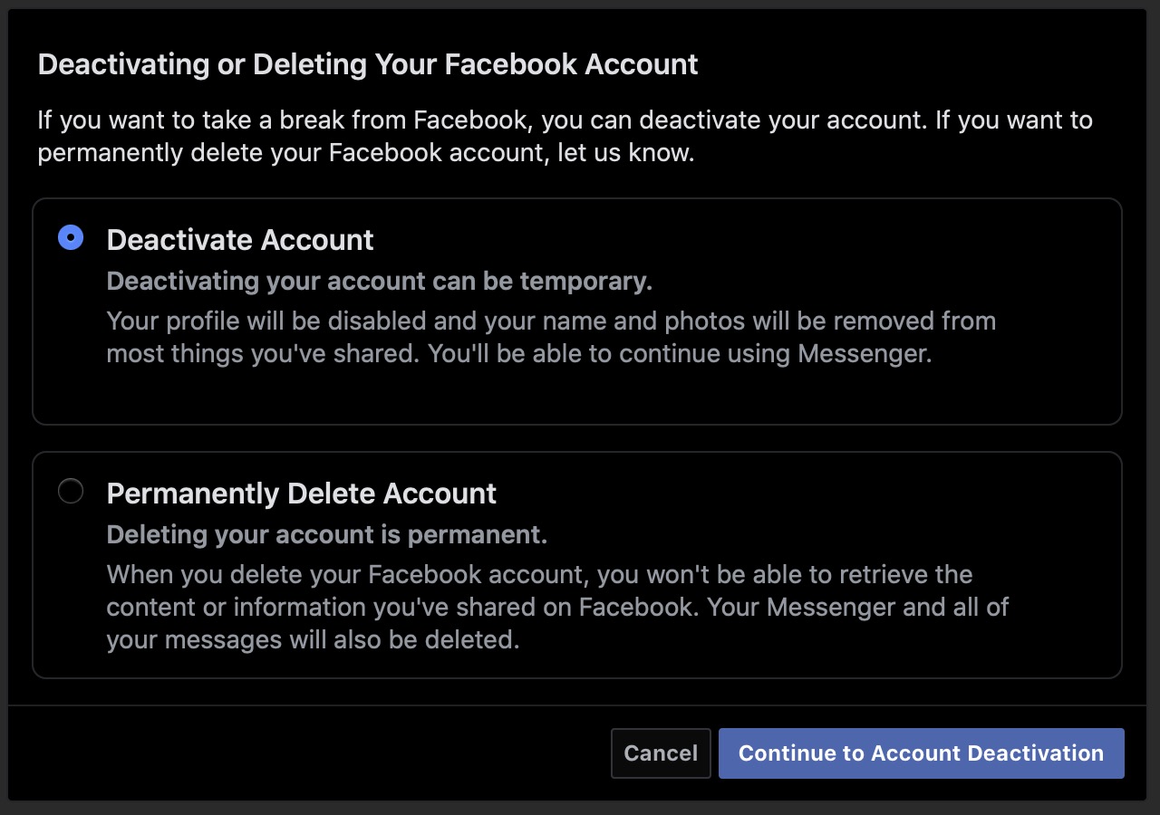 删除Facebook或停用帐户