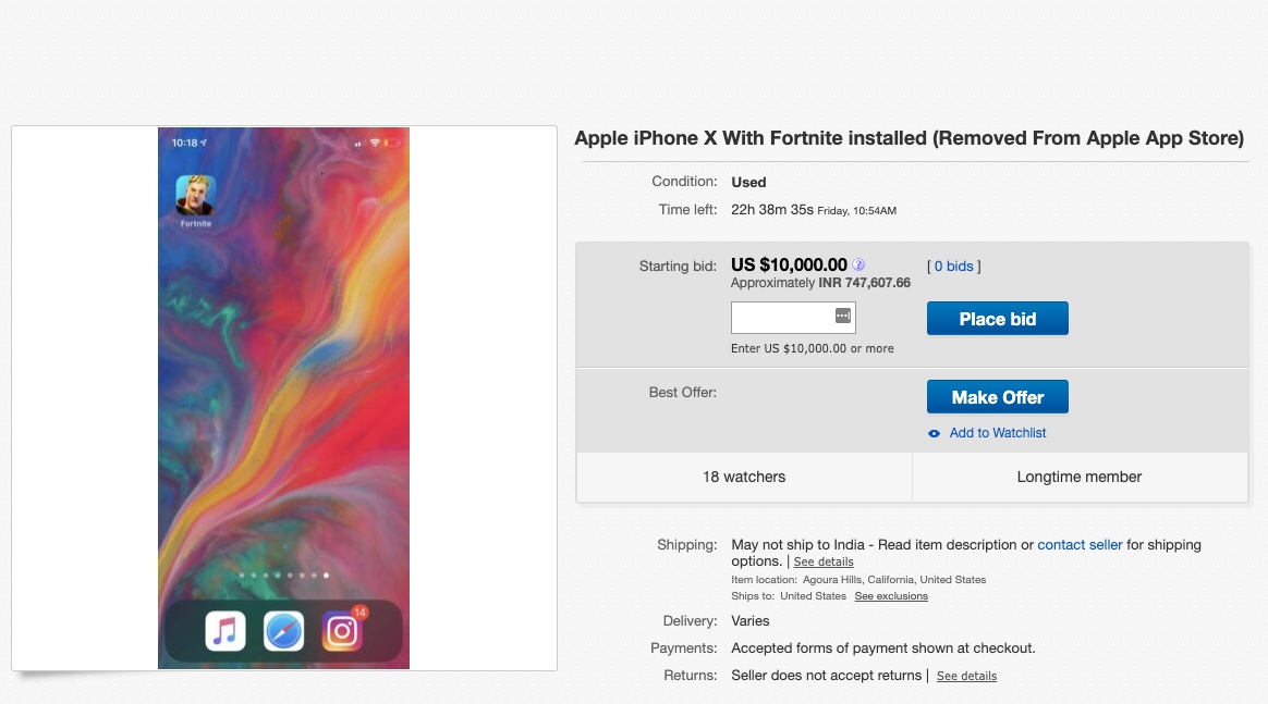 iPhone X带Fortnite eBay列表