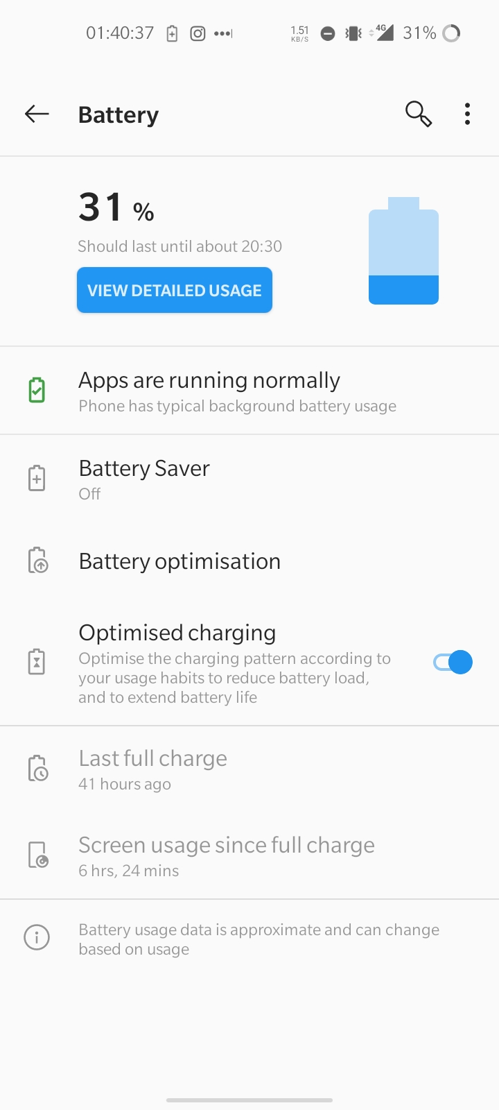 OnePlus Nord N100电池使用页面
