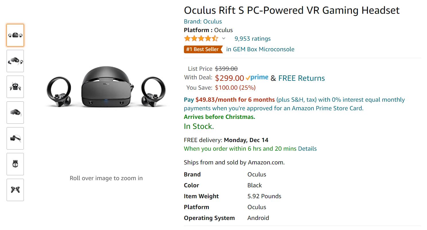 Oculus Rift S PC驱动VR游戏耳机Amaazon Deal