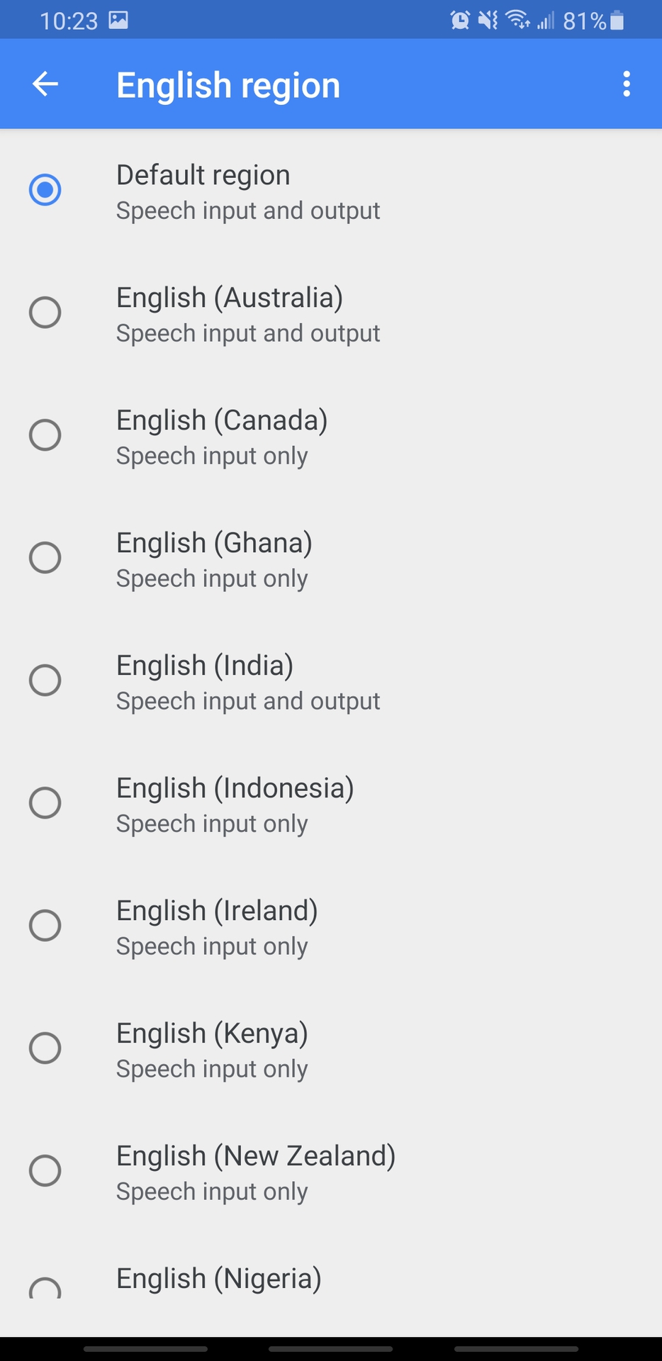 在Google Translate应用程序中显示一种语言的不同区域