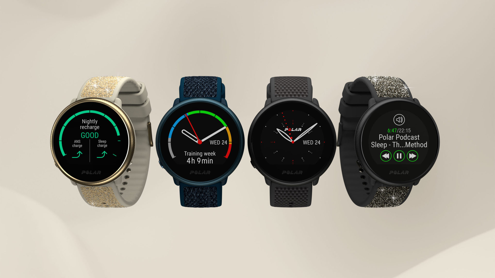 Polar Ignite 2的组图像，最佳的Mulitsport Polar手表，显示了多个乐队选项和颜色。