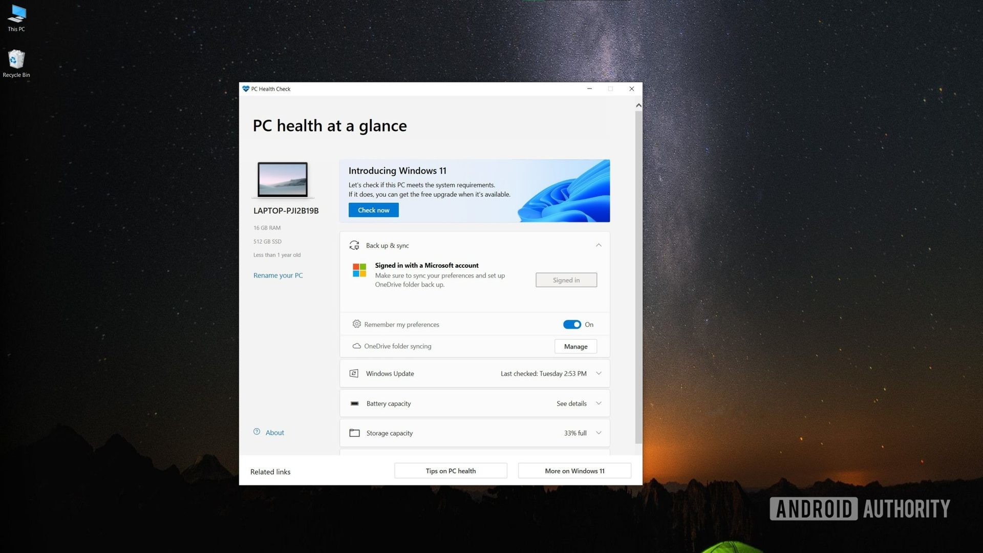 Windows 11 PC健康检查器应用程序主屏幕