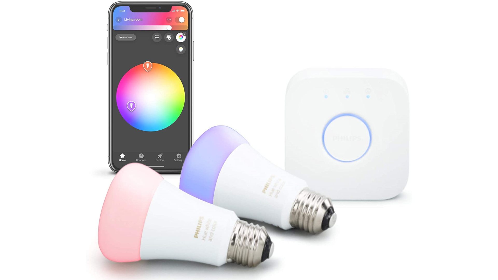 两个飞利浦色调电灯泡，色调桥和色调智能手机应用程序。