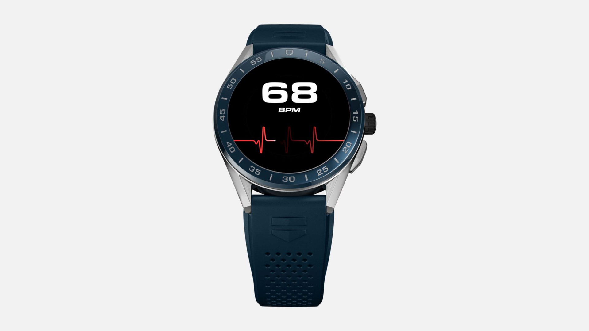 标签Heuer的产品图像连接了2020智能手表，并带有钢壳和蓝色橡胶表带。