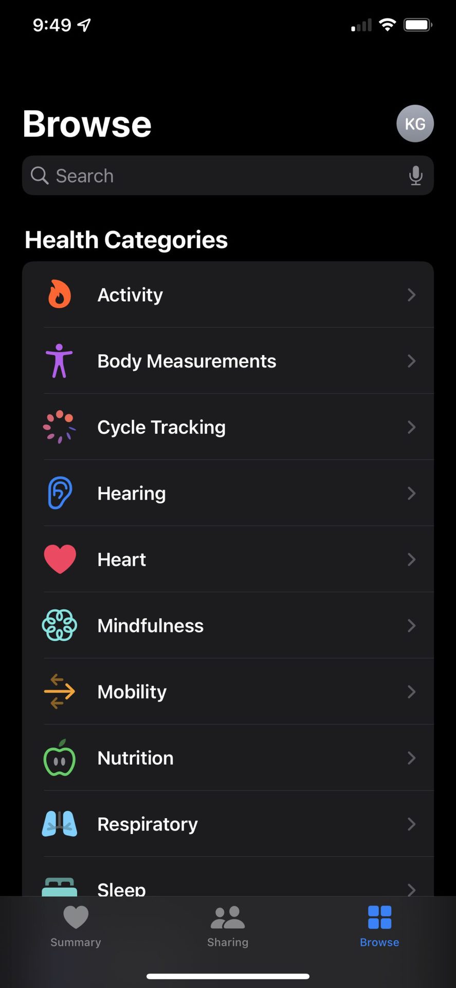 Apple Health应用程序的屏幕截图描绘了“浏览”选项卡，用户可以在其中访问各种类别。