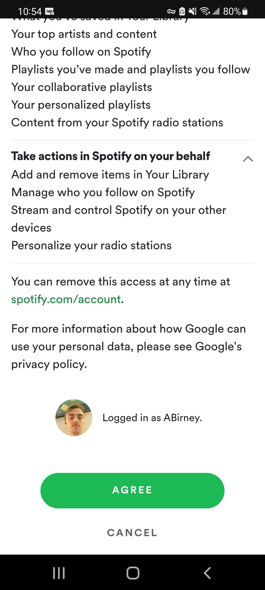 Spotify Google主页同意按钮