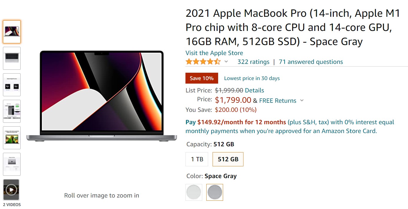 2021 Apple Macbook Pro 14英寸亚马逊交易