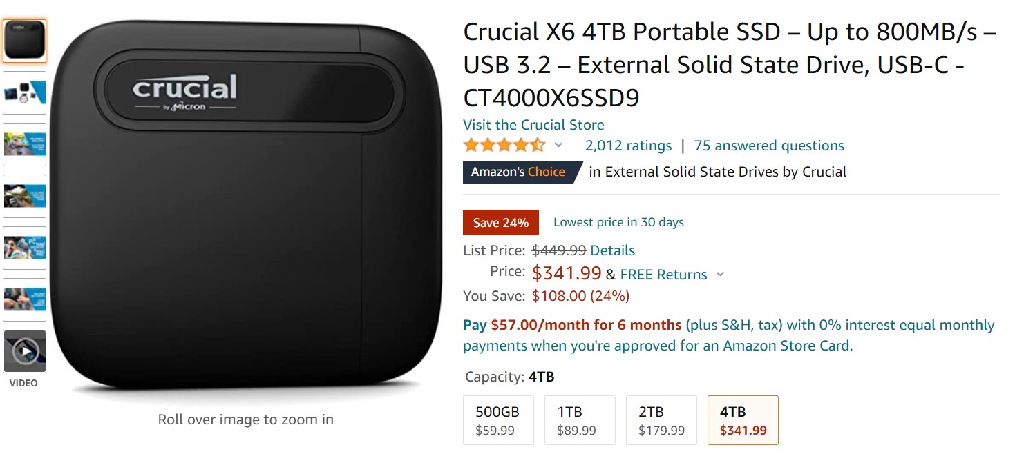 关键X6 4TB便携式SSD Amazon Deal