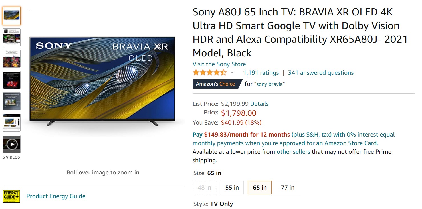 Sony A80J Bravia XR 65英寸OLED电视Amazon Deal
