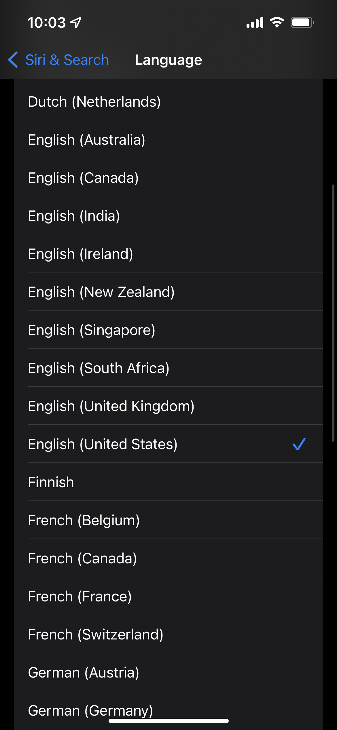 iPhone上的Siri语言选项