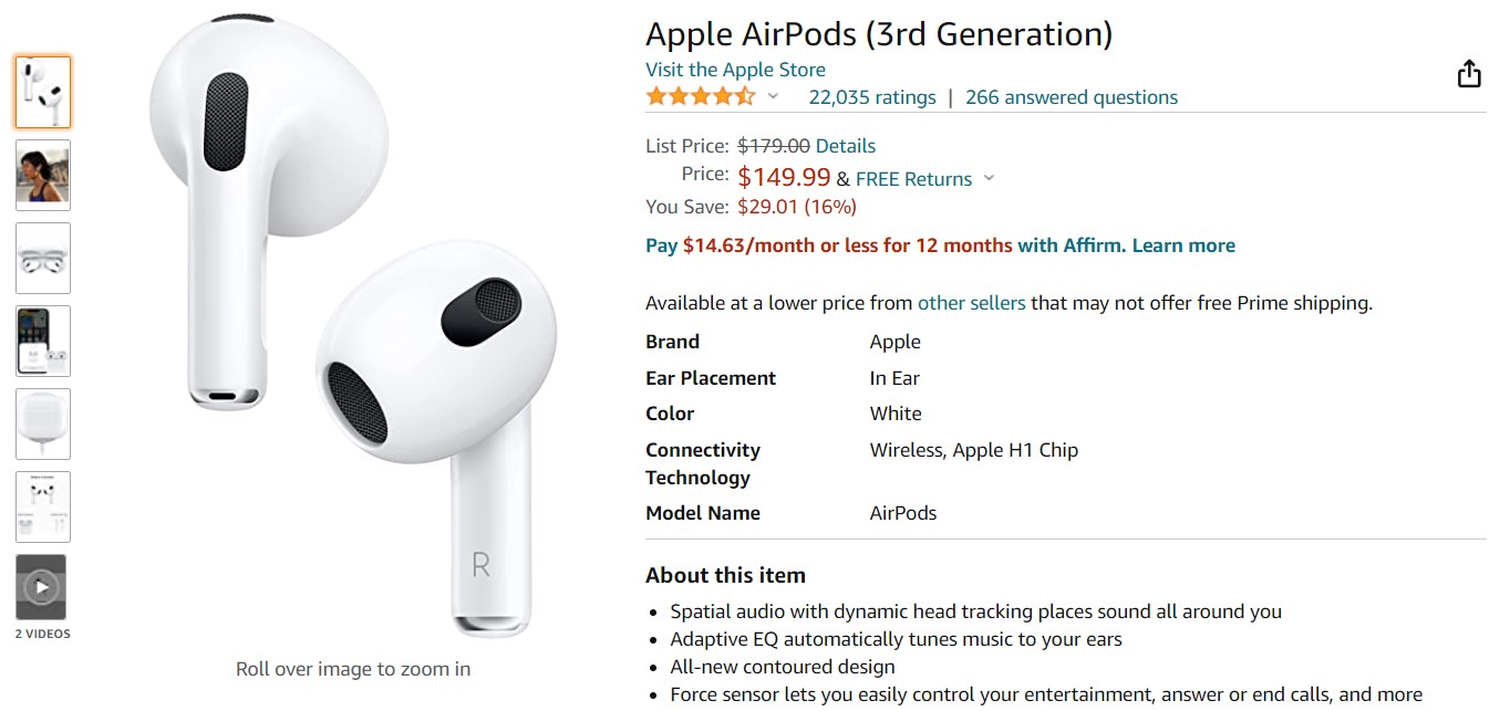 Apple Airpods第3代亚马逊交易