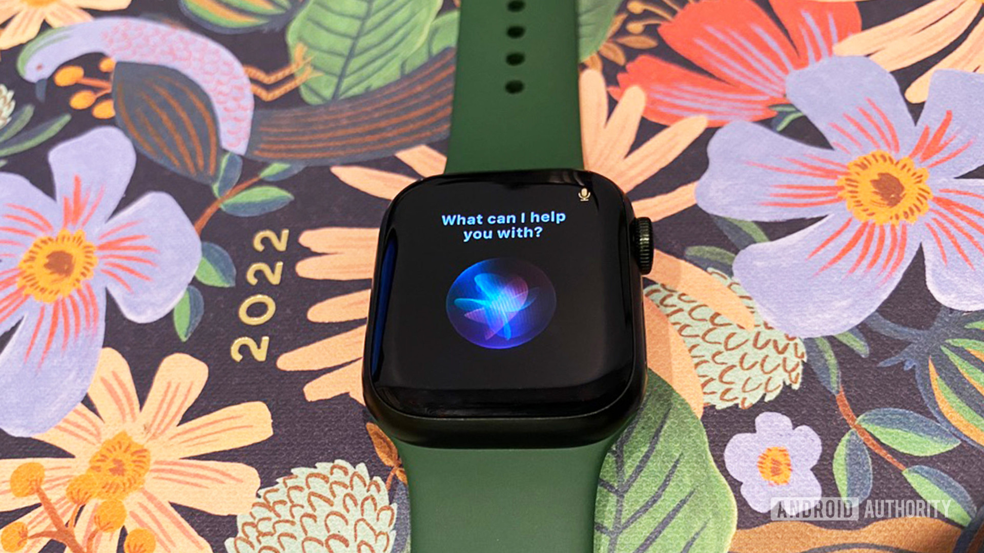 Apple Watch系列7位于屏幕上激活Siri的花卉规划师上。