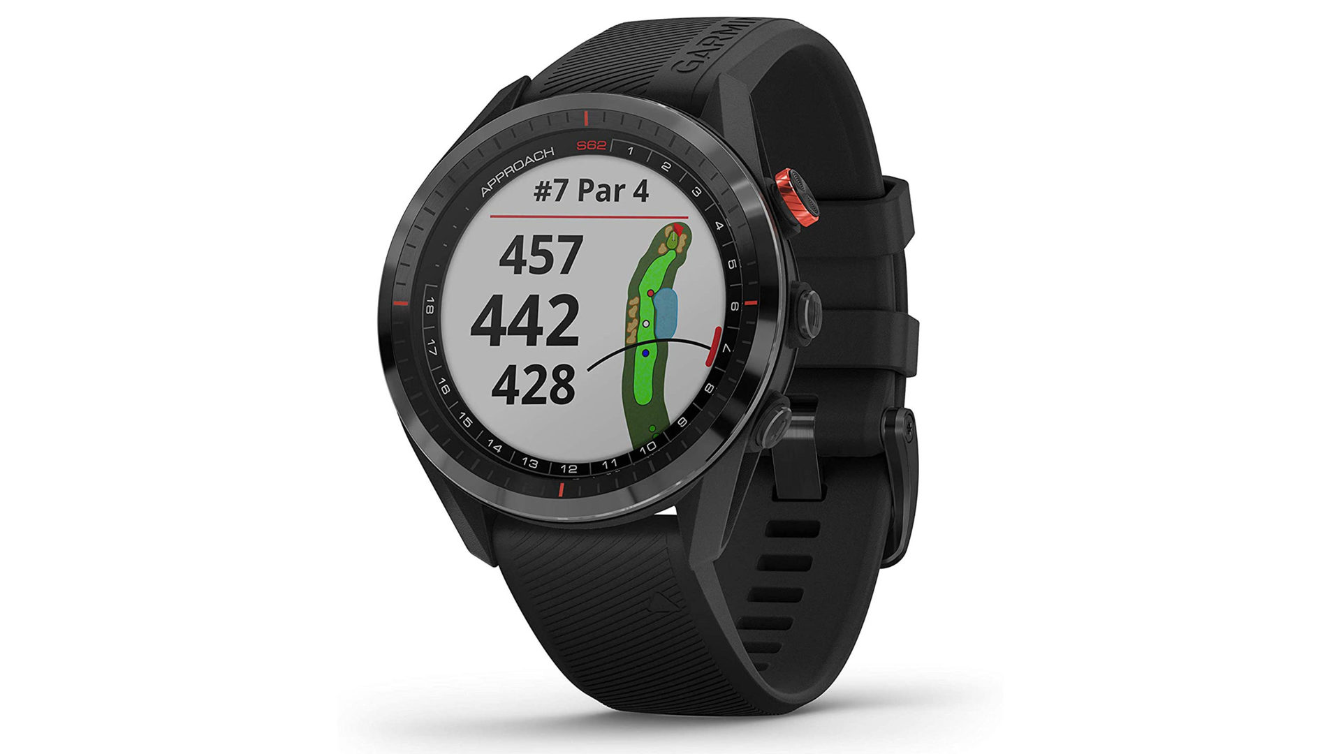 产品图像描绘了Garmin方法S62，这是最好的高尔夫GPS智能手表。