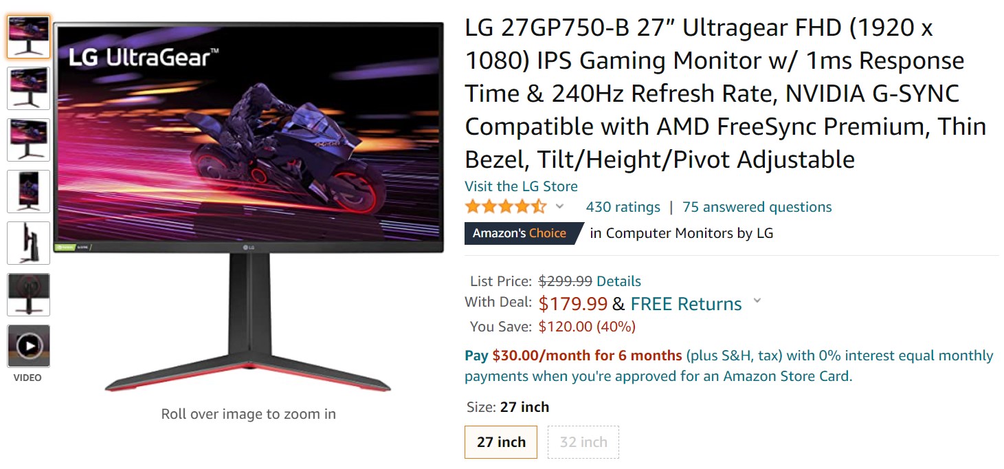 LG 27英寸超级FHD IPS游戏监视器Amazon Deal