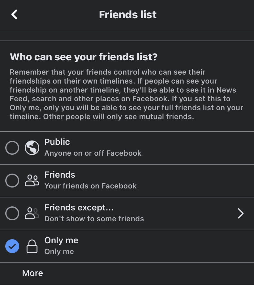 Facebook App朋友列表隐私选项