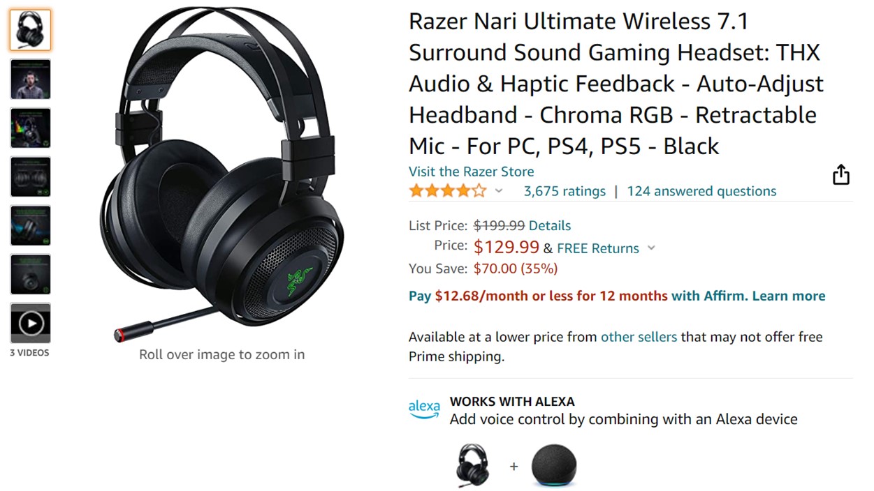 Razer Nari Ultimate Wireless游戏耳机亚马逊交易