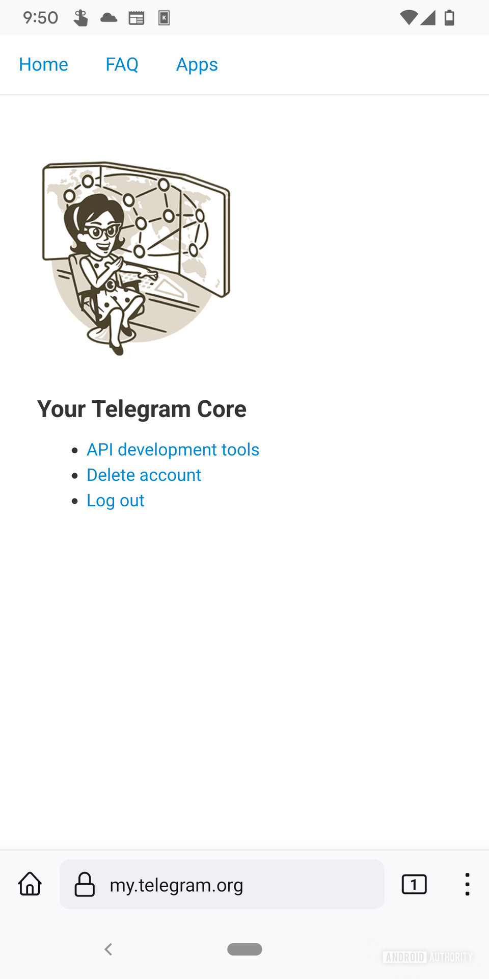 登录显示标题后，Telegram Web Auth Portal读取“您的电报核心”，其中包括各种选项，包括“删除帐户”。