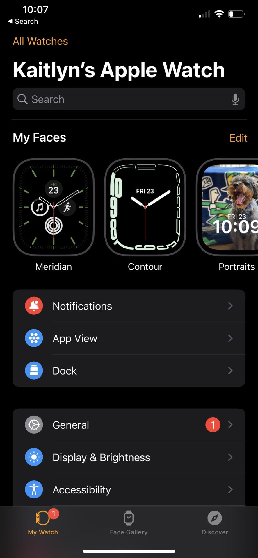 iPhone 11屏幕截图描述了手表应用中的“我的手表”选项卡