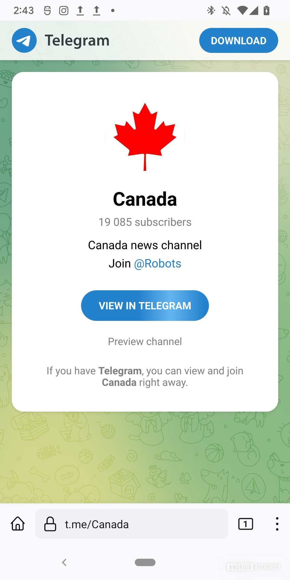 “ https://t.me/canada”的网页显示了“加拿大”的组名称及其徽标的徽标，该组的徽标是一组红色的加拿大枫叶和蓝色按钮，读取“电信中的视图”。