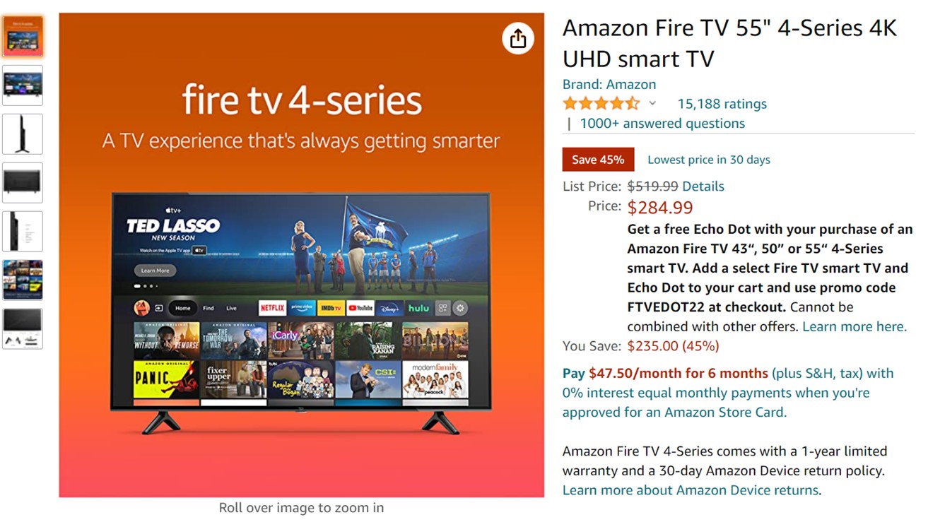 亚马逊55英寸消防电视4系列4K UHD智能电视亚马逊交易