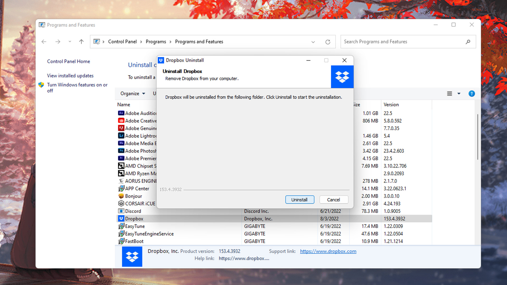 Dropbox卸载控制面板Windows 11